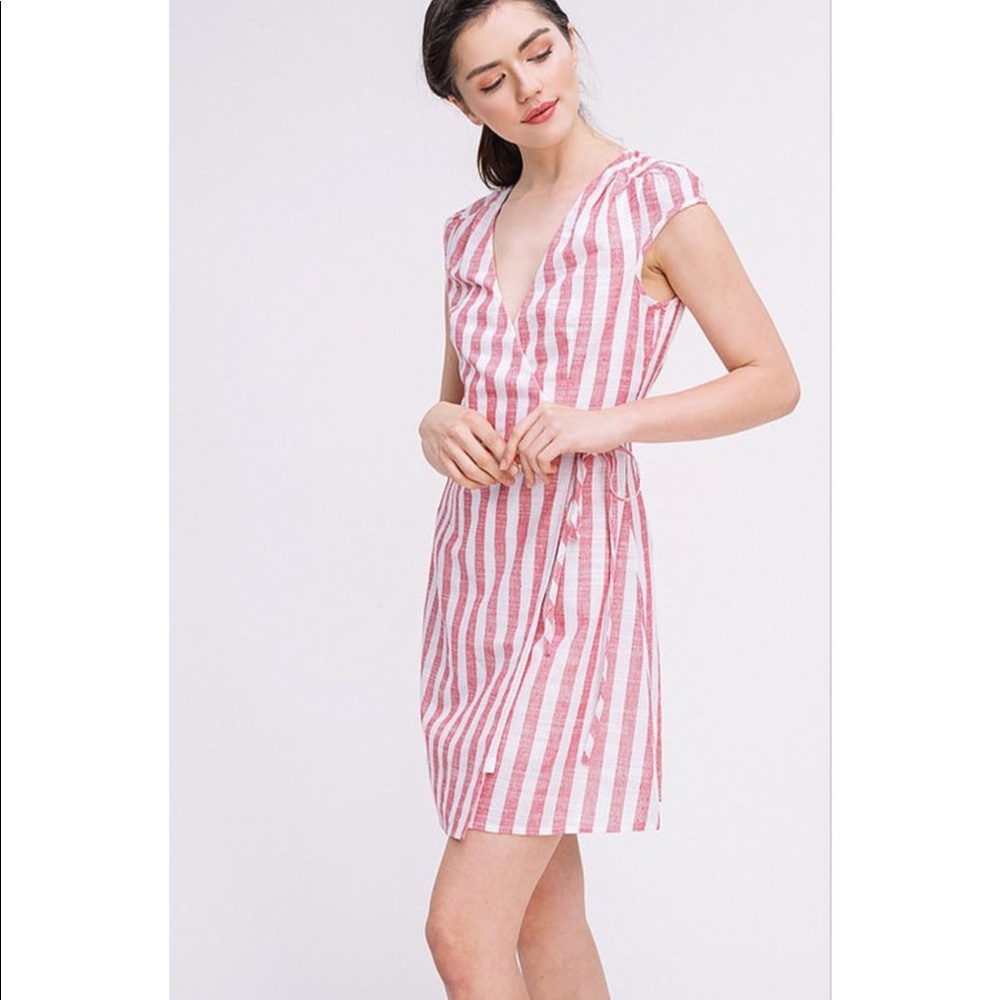 Red Striped  Puff Cap Sleeve Wrap Dress